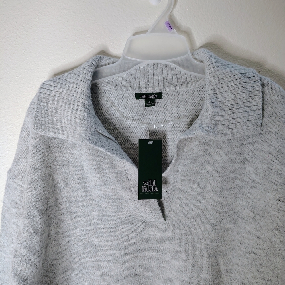 Wild Fable Women's Light Gray Collared V-Neck Long Sleeves Sweater Sz M New - Picture 5 of 15